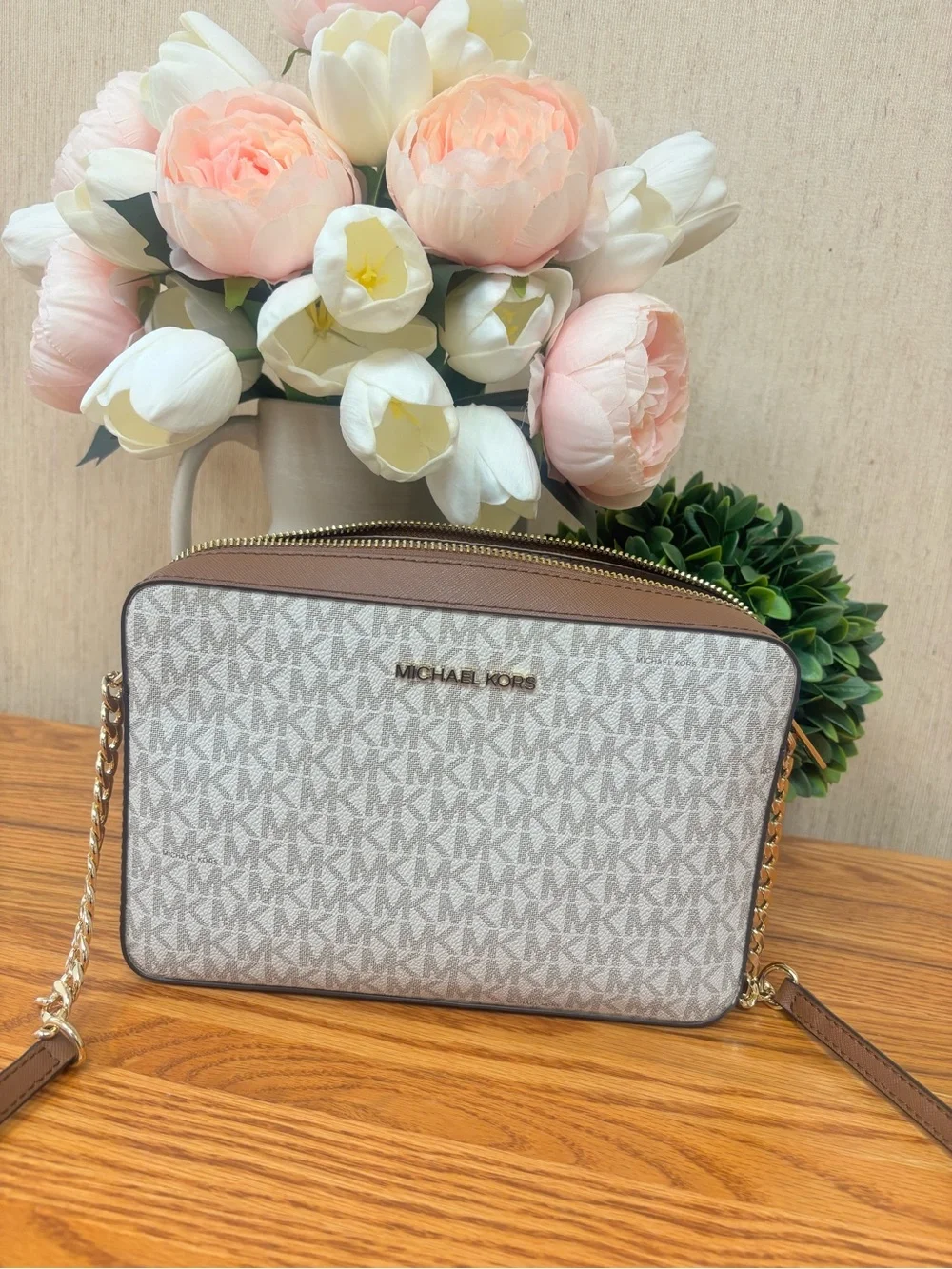Michael Kors White and Brown Signature MK Crossbody Bag